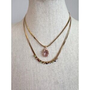 Gold Plated Layering Necklace Set Gem Tone Rhinestones Mogul Stainless Steel